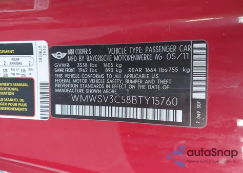 2011 Mini Cooper S z USA, uszkodzony, nr VIN WMWSV3C58BTY15760